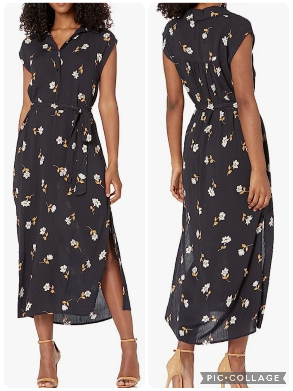 Billabong Lovely Ways Button Front Black Floral Midi Dress M Boho Chic